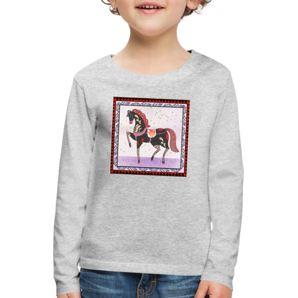 Kinder Premium Langarmshirt - "Rotes Pferd" - Grau meliert
