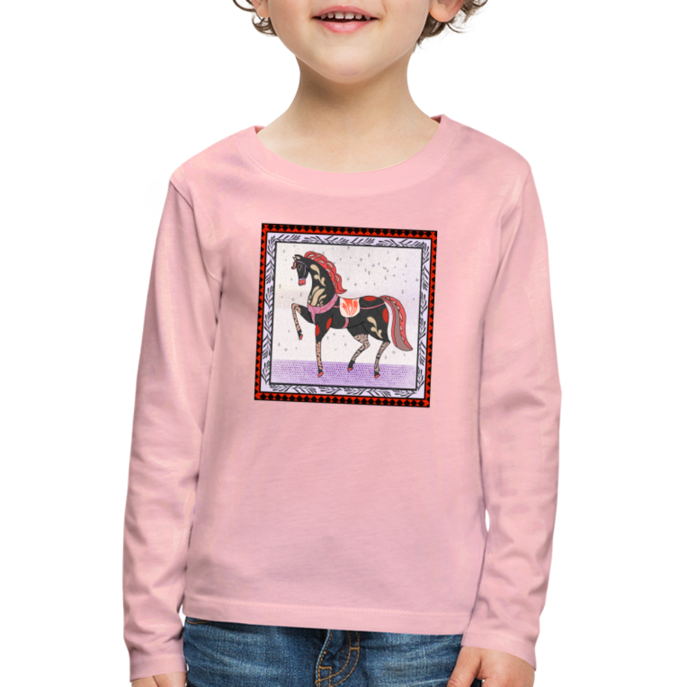 Kinder Premium Langarmshirt - "Rotes Pferd" - Hellrosa
