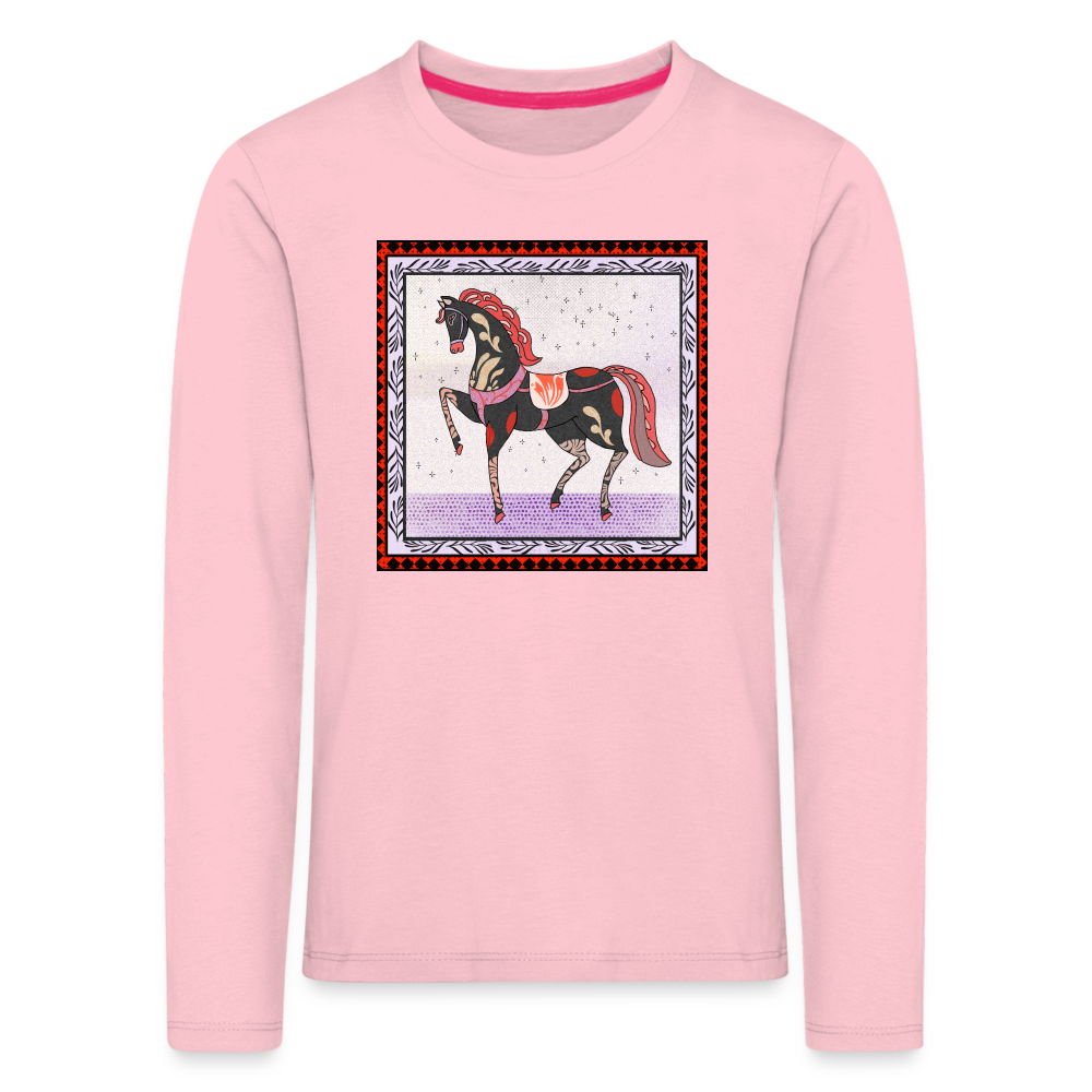 Kinder Premium Langarmshirt - "Rotes Pferd" - Hellrosa
