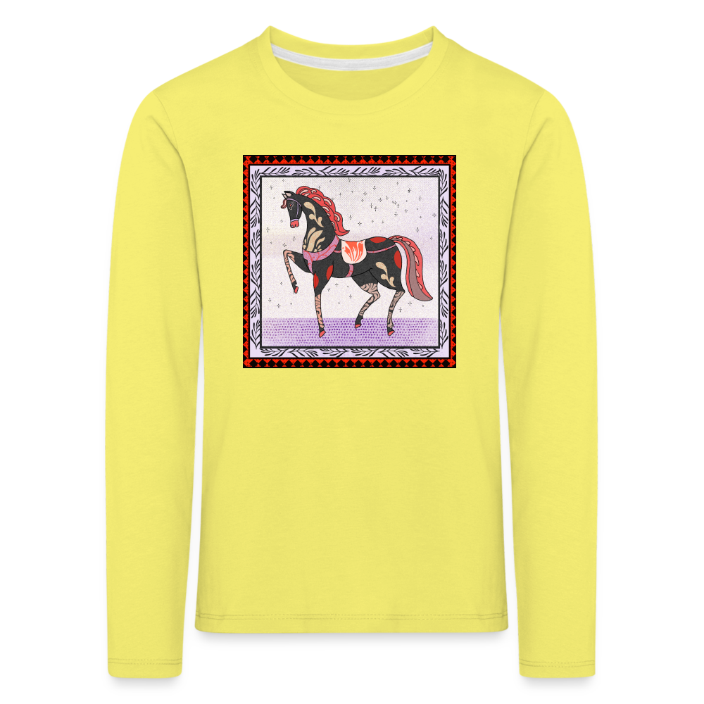 Kinder Premium Langarmshirt - "Rotes Pferd" - Gelb