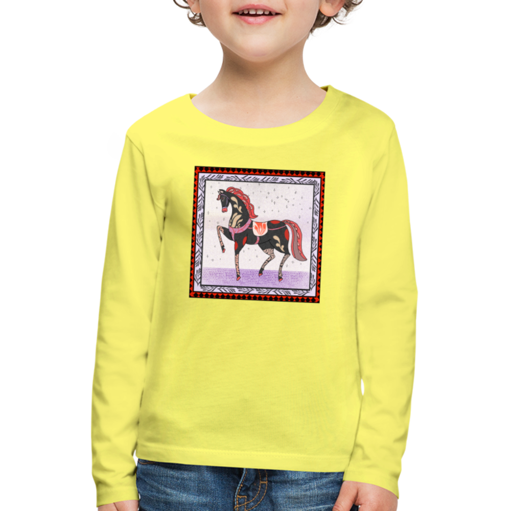 Kinder Premium Langarmshirt - "Rotes Pferd" - Gelb