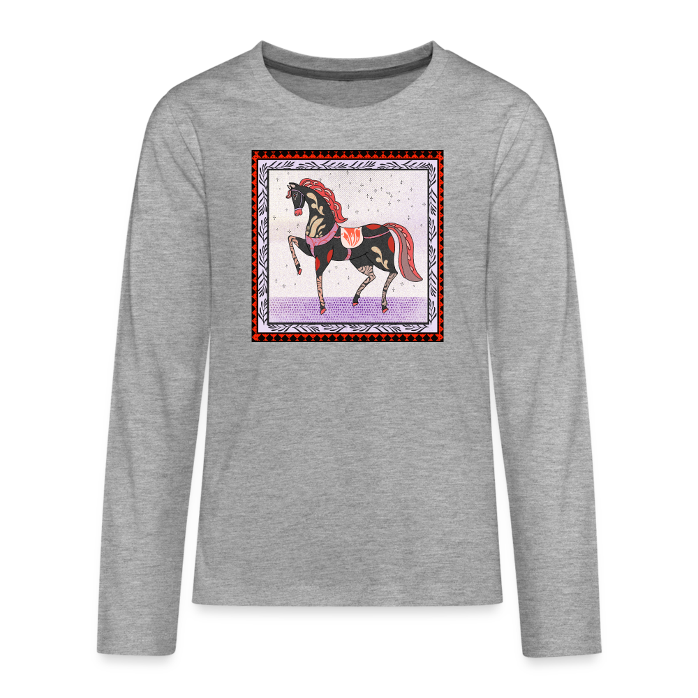 Teenager Premium Langarmshirt - "Rotes Pferd" - Grau meliert