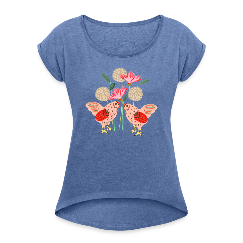 Frauen T-Shirt mit gerollten Ärmeln - “Kleiner Garten” - Denim meliert