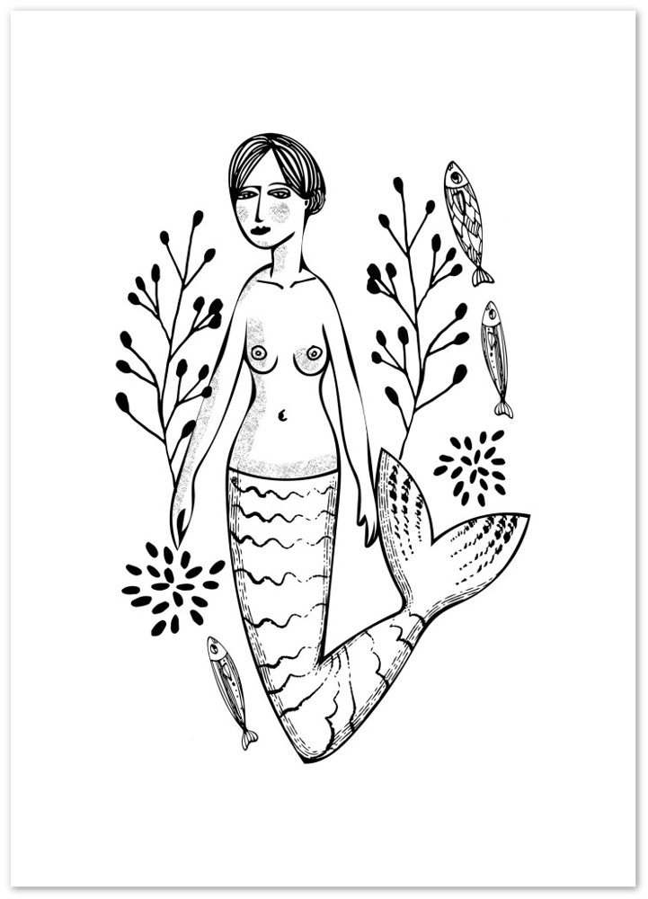 Meerjungfrau mit Fischen - Premium Matt Papier Poster - Hinter dem Mond