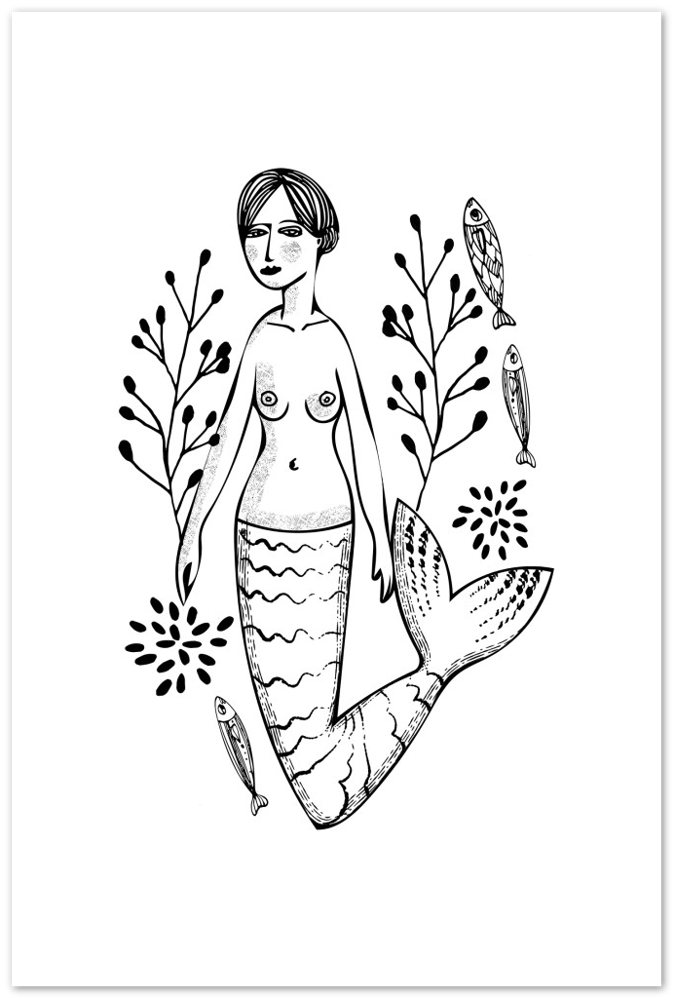 Meerjungfrau mit Fischen - Premium Matt Papier Poster - Hinter dem Mond