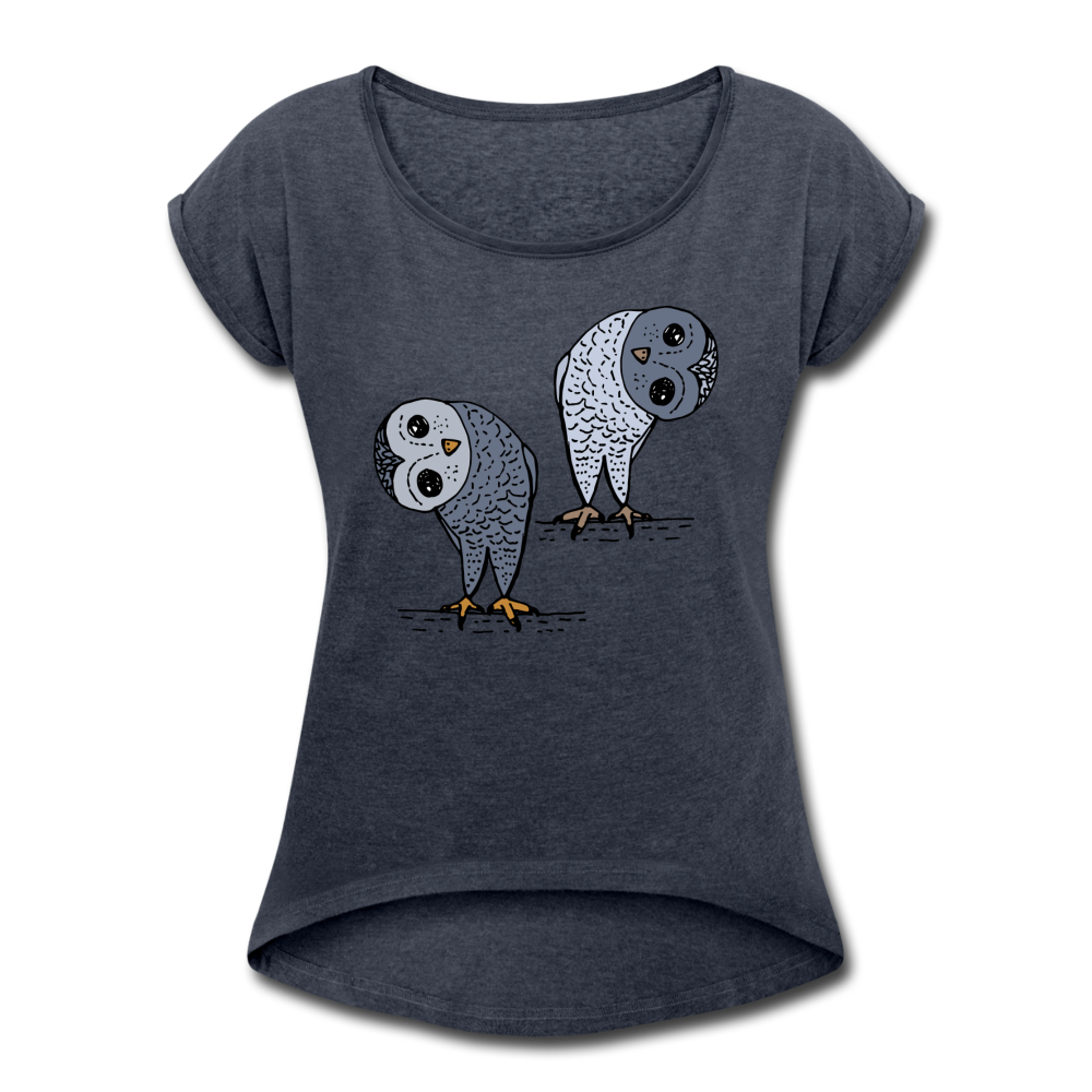 Staunende Eulen - Frauen T-Shirt mit gerollten Ärmeln - Hinter dem Mond