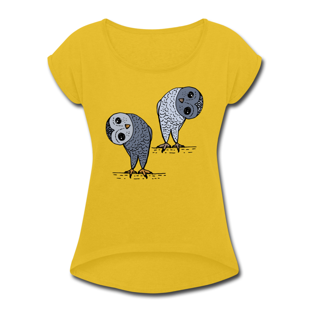 Staunende Eulen - Frauen T-Shirt mit gerollten Ärmeln - Hinter dem Mond