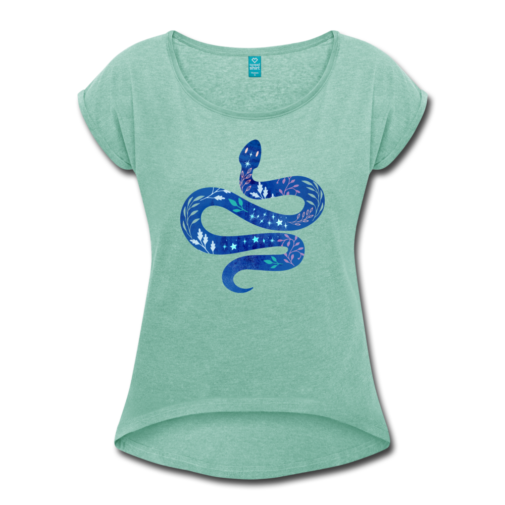 Frauen T-Shirt mit gerollten Ärmeln - "Blaue Schlange" - Hinter dem Mond
