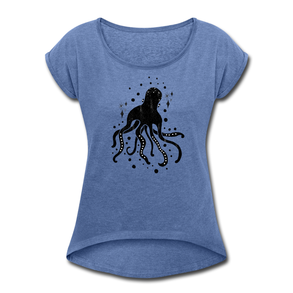 Frauen T-Shirt mit gerollten Ärmeln -"Sternen-Oktopus" - Hinter dem Mond