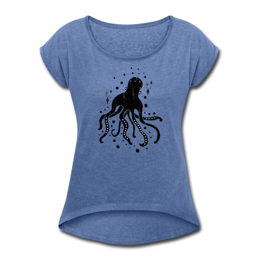 Frauen T-Shirt mit gerollten Ärmeln -"Sternen-Oktopus" - Hinter dem Mond