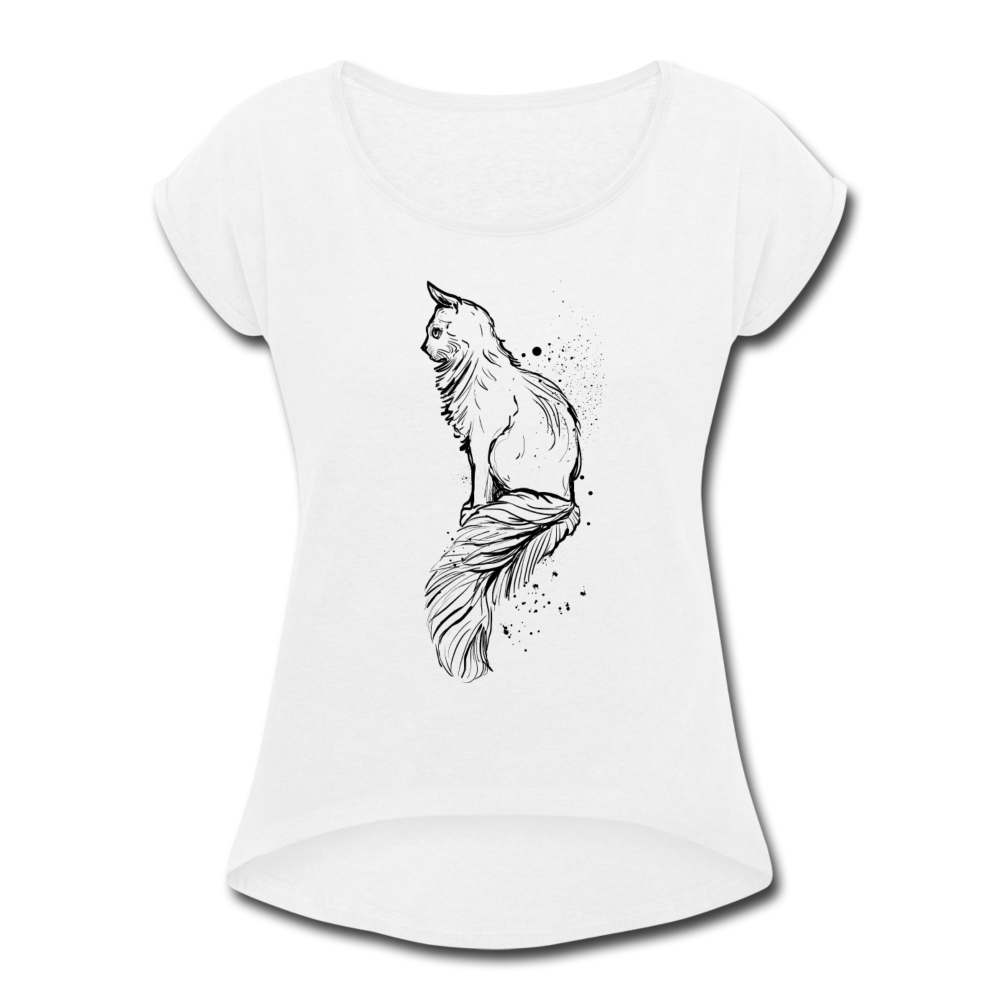 Frauen T-Shirt mit gerollten Ärmeln - "Elegante Katze" - Hinter dem Mond