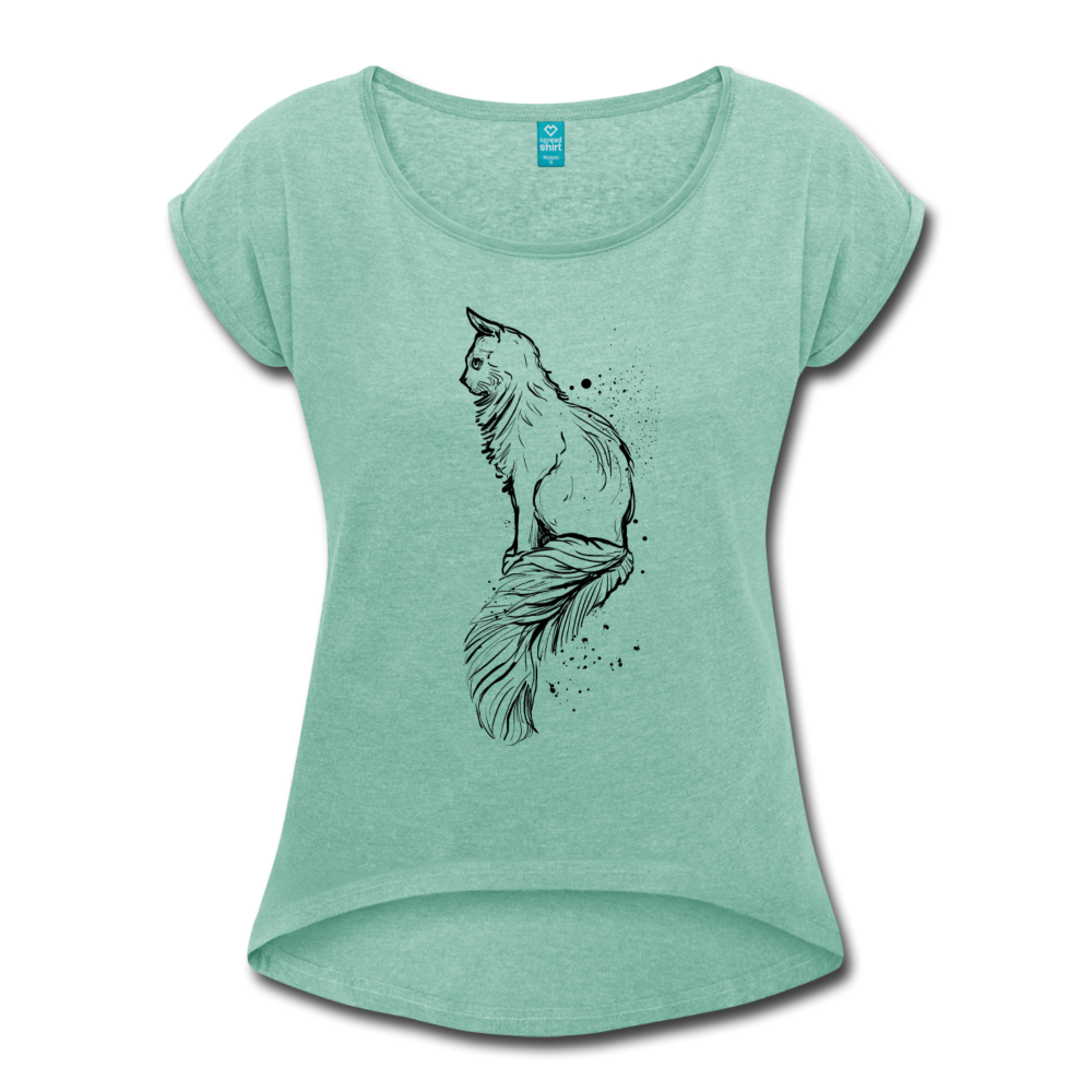 Frauen T-Shirt mit gerollten Ärmeln - "Elegante Katze" - Hinter dem Mond