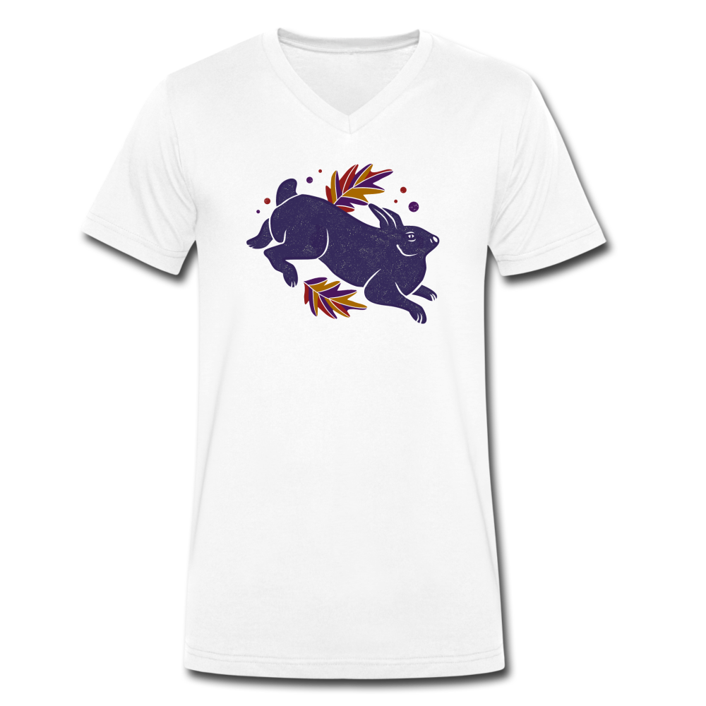 Männer Bio-T-Shirt mit V-Ausschnitt - "Hase im Laub" - Hinter dem Mond