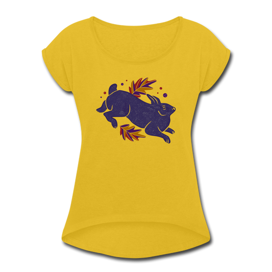 Frauen T-Shirt mit gerollten Ärmeln - "Hase im Laub" - Hinter dem Mond