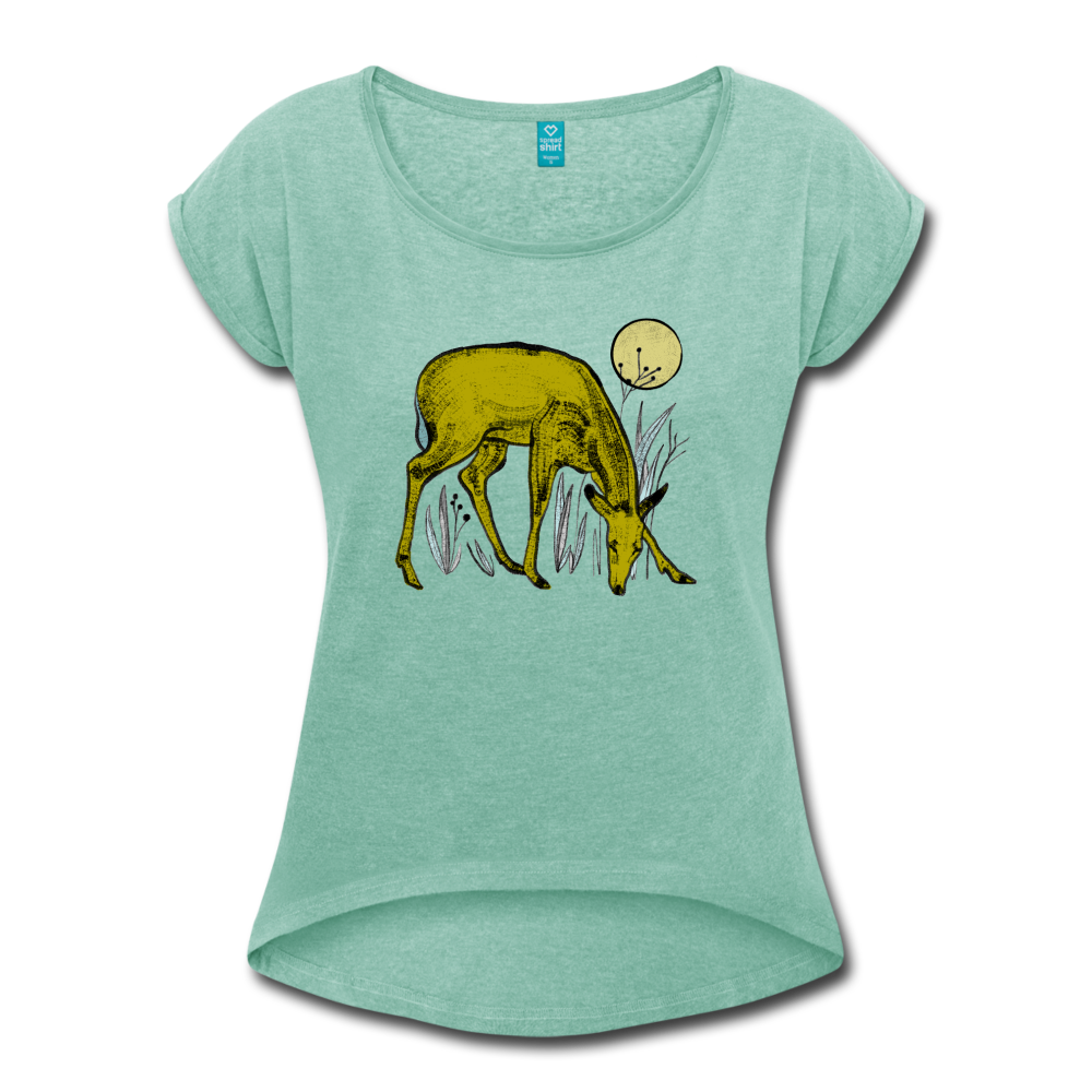 Frauen T-Shirt mit gerollten Ärmeln - "Reh in Olive" - Hinter dem Mond
