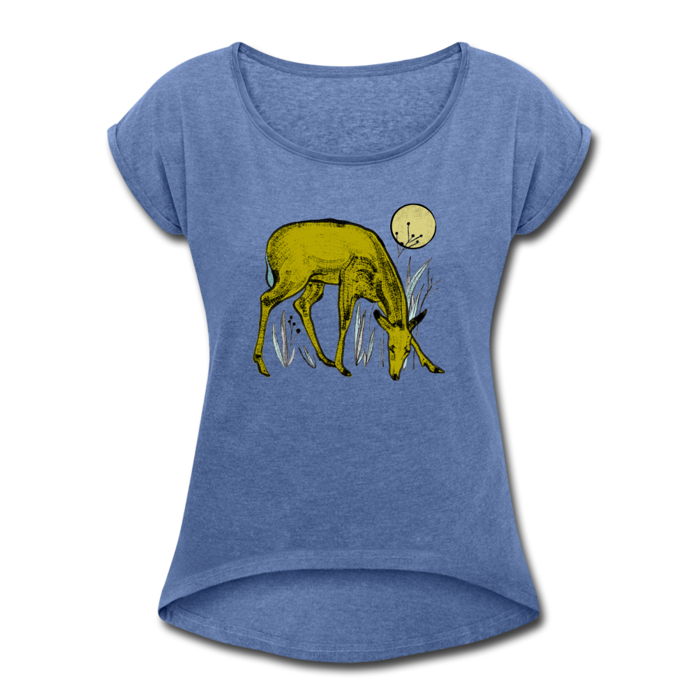 Frauen T-Shirt mit gerollten Ärmeln - "Reh in Olive" - Hinter dem Mond