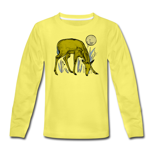 Kinder Premium Langarmshirt - "Reh in Olive" - Hinter dem Mond