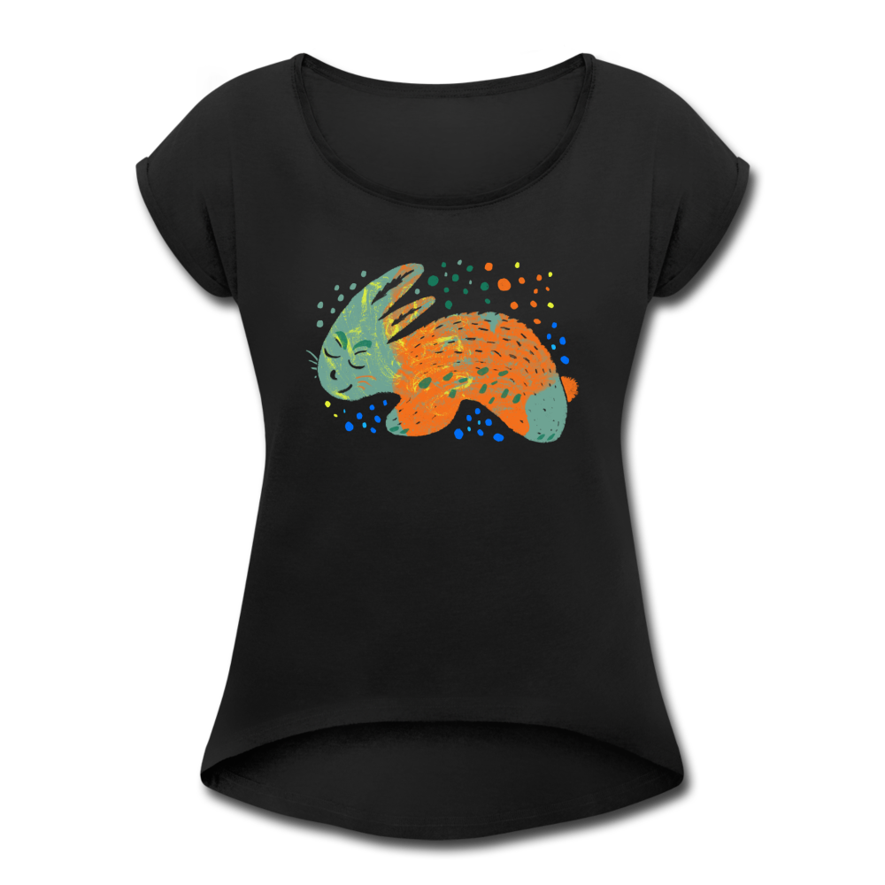 Frauen T-Shirt mit gerollten Ärmeln - "Buntes Kaninchen" - Hinter dem Mond
