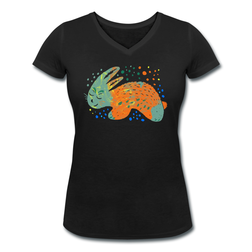 Frauen Bio-T-Shirt mit V-Ausschnitt - "Buntes Kaninchen" - Hinter dem Mond
