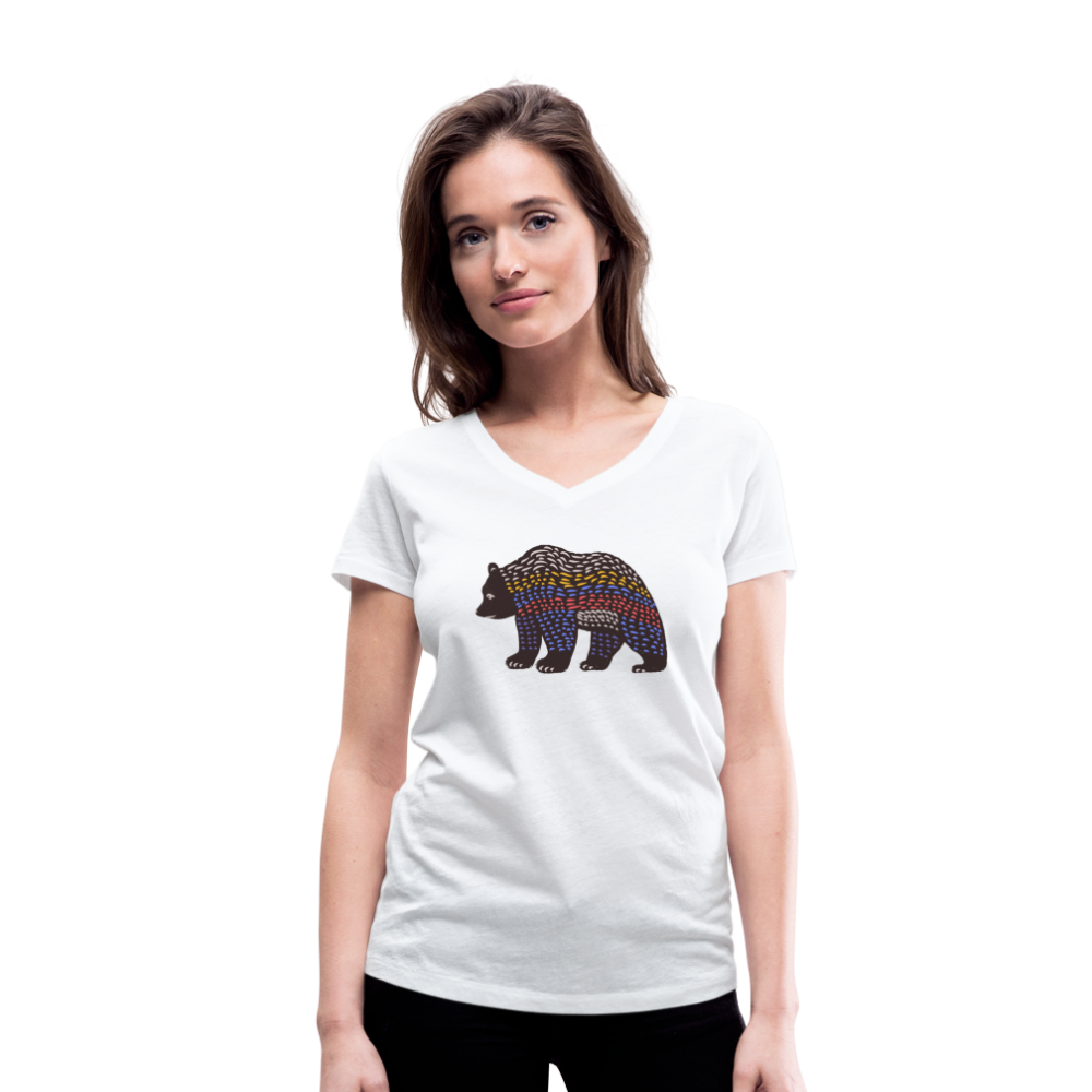 Frauen Bio-T-Shirt mit V-Ausschnitt - "Bunter Grizzly" - Hinter dem Mond