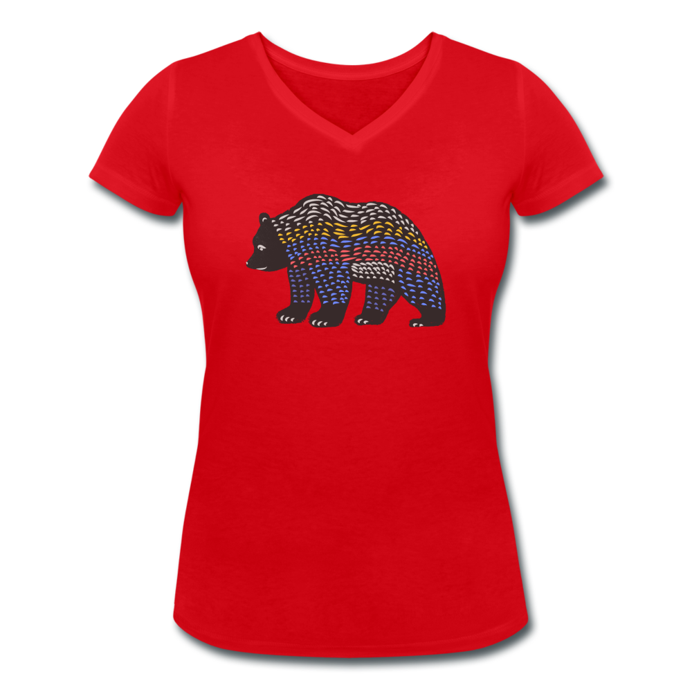 Frauen Bio-T-Shirt mit V-Ausschnitt - "Bunter Grizzly" - Hinter dem Mond