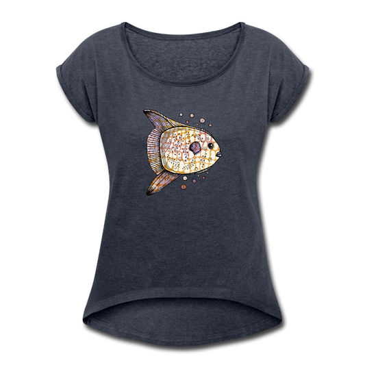 Frauen T-Shirt mit gerollten Ärmeln - "Fantastischer Mondfisch" - Hinter dem Mond