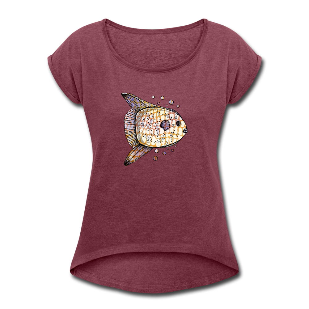 Frauen T-Shirt mit gerollten Ärmeln - "Fantastischer Mondfisch" - Hinter dem Mond