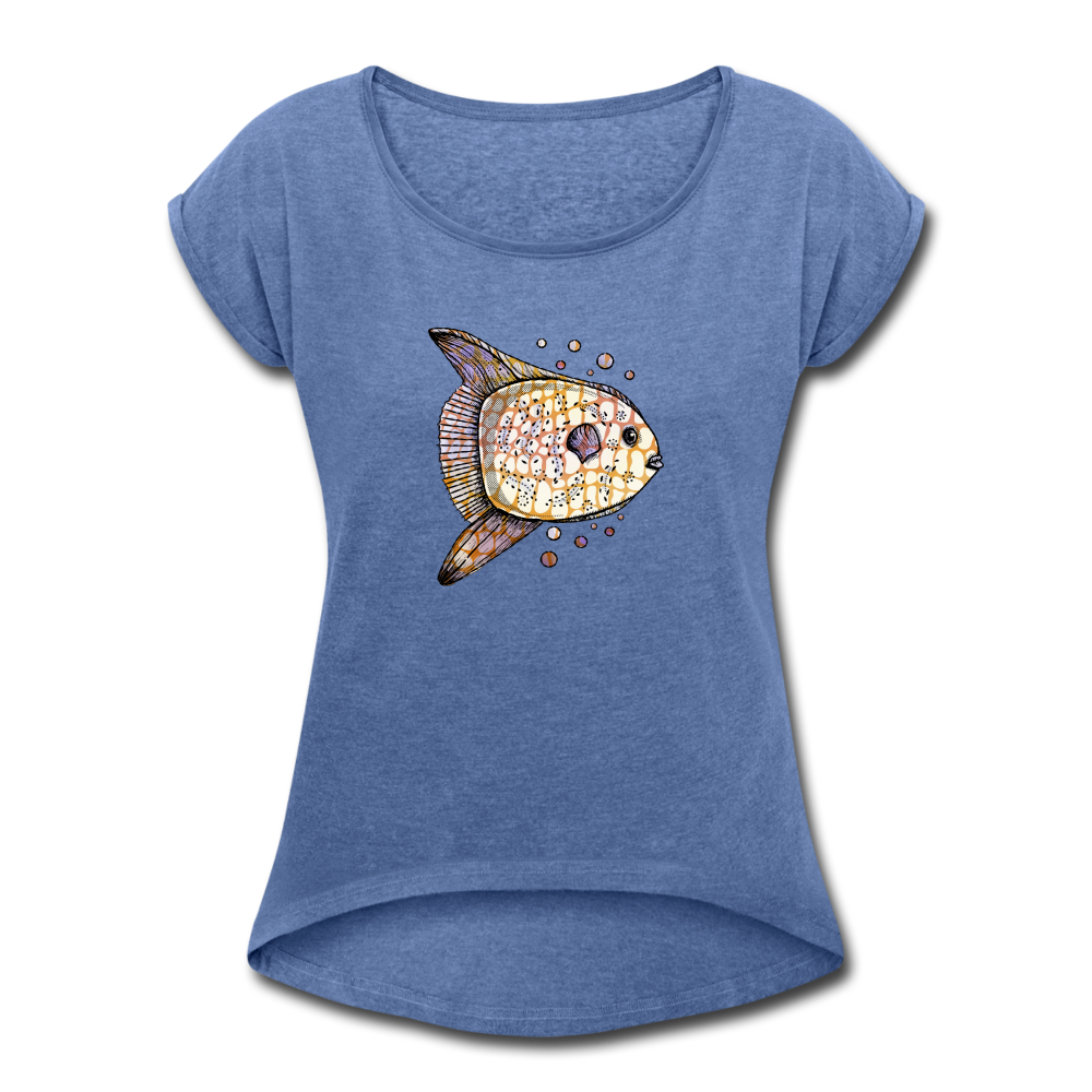 Frauen T-Shirt mit gerollten Ärmeln - "Fantastischer Mondfisch" - Hinter dem Mond