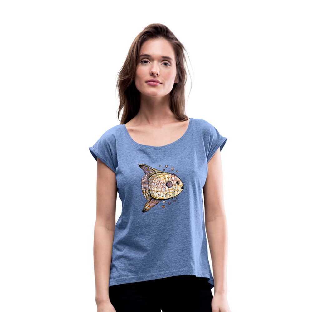 Frauen T-Shirt mit gerollten Ärmeln - "Fantastischer Mondfisch" - Hinter dem Mond
