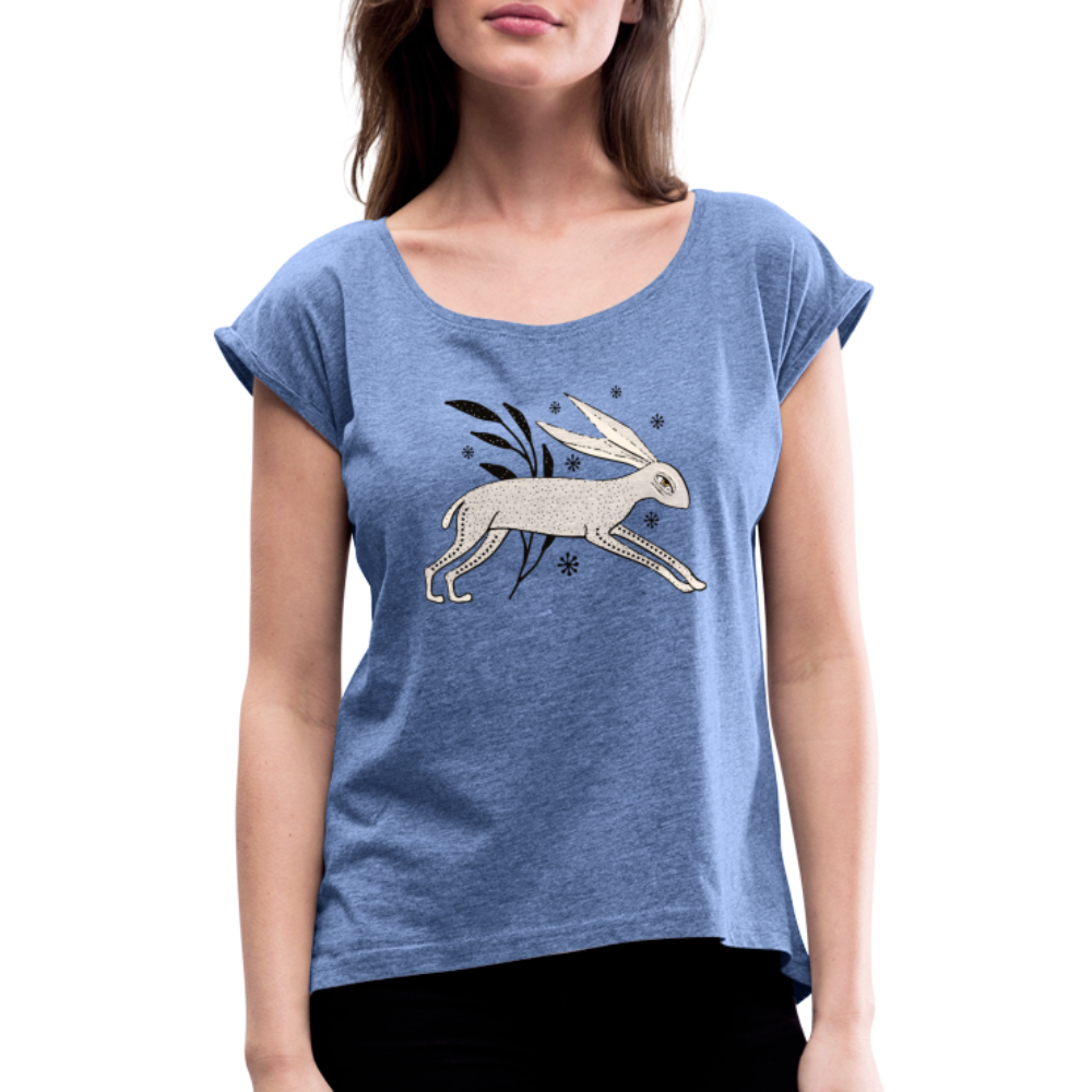 Frauen T-Shirt mit gerollten Ärmeln - "Winterhase" - Hinter dem Mond