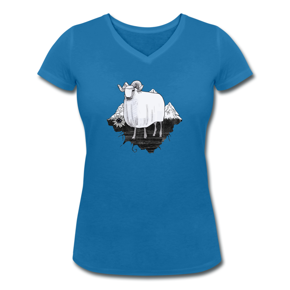 Frauen Bio-T-Shirt mit V-Ausschnitt - "Schaf in den Bergen" - Hinter dem Mond