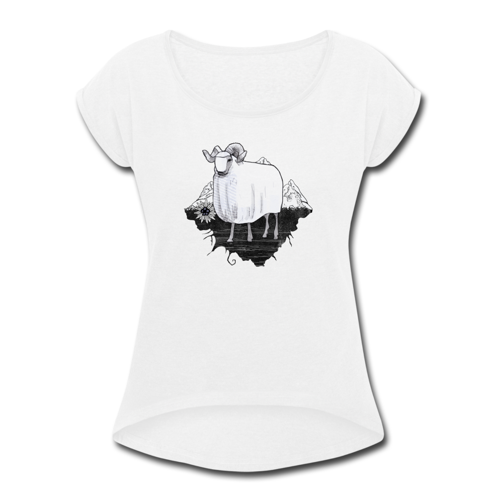Frauen T-Shirt mit gerollten Ärmeln - "Schaf in den Bergen" - Hinter dem Mond
