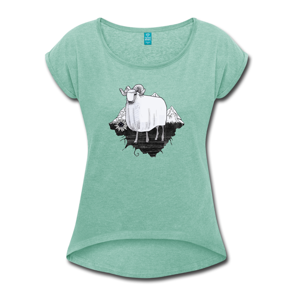 Frauen T-Shirt mit gerollten Ärmeln - "Schaf in den Bergen" - Hinter dem Mond