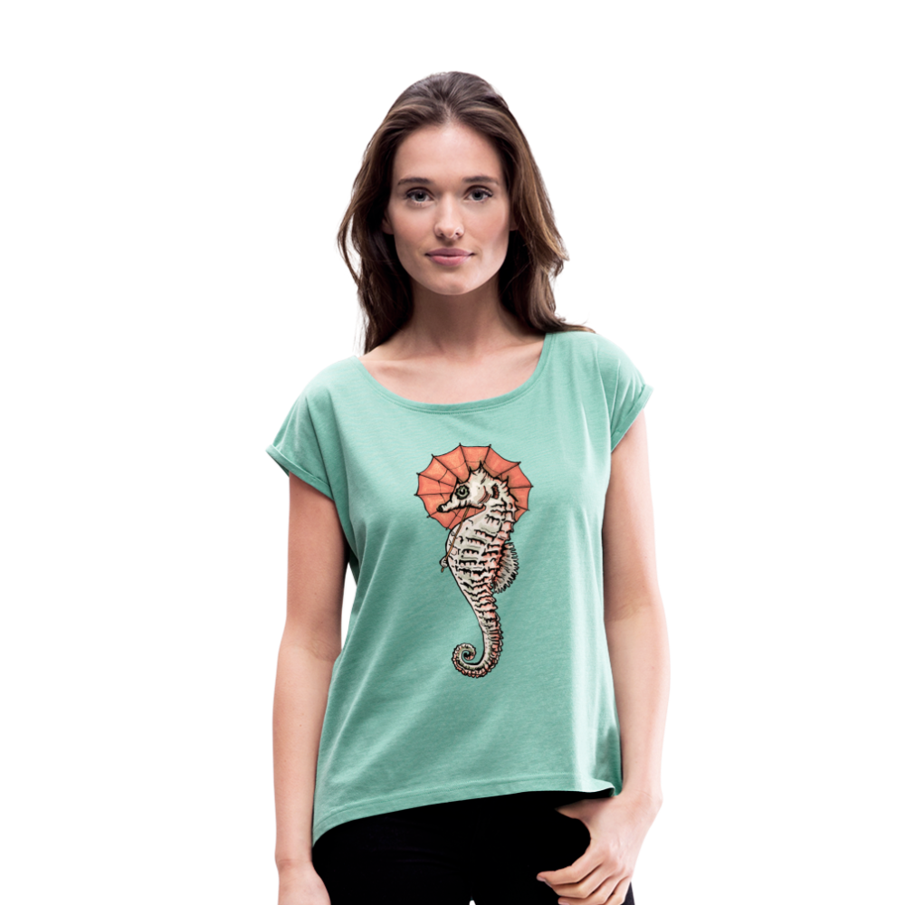 Frauen T-Shirt mit gerollten Ärmeln - "Seepferdchen Mandarin" - Hinter dem Mond