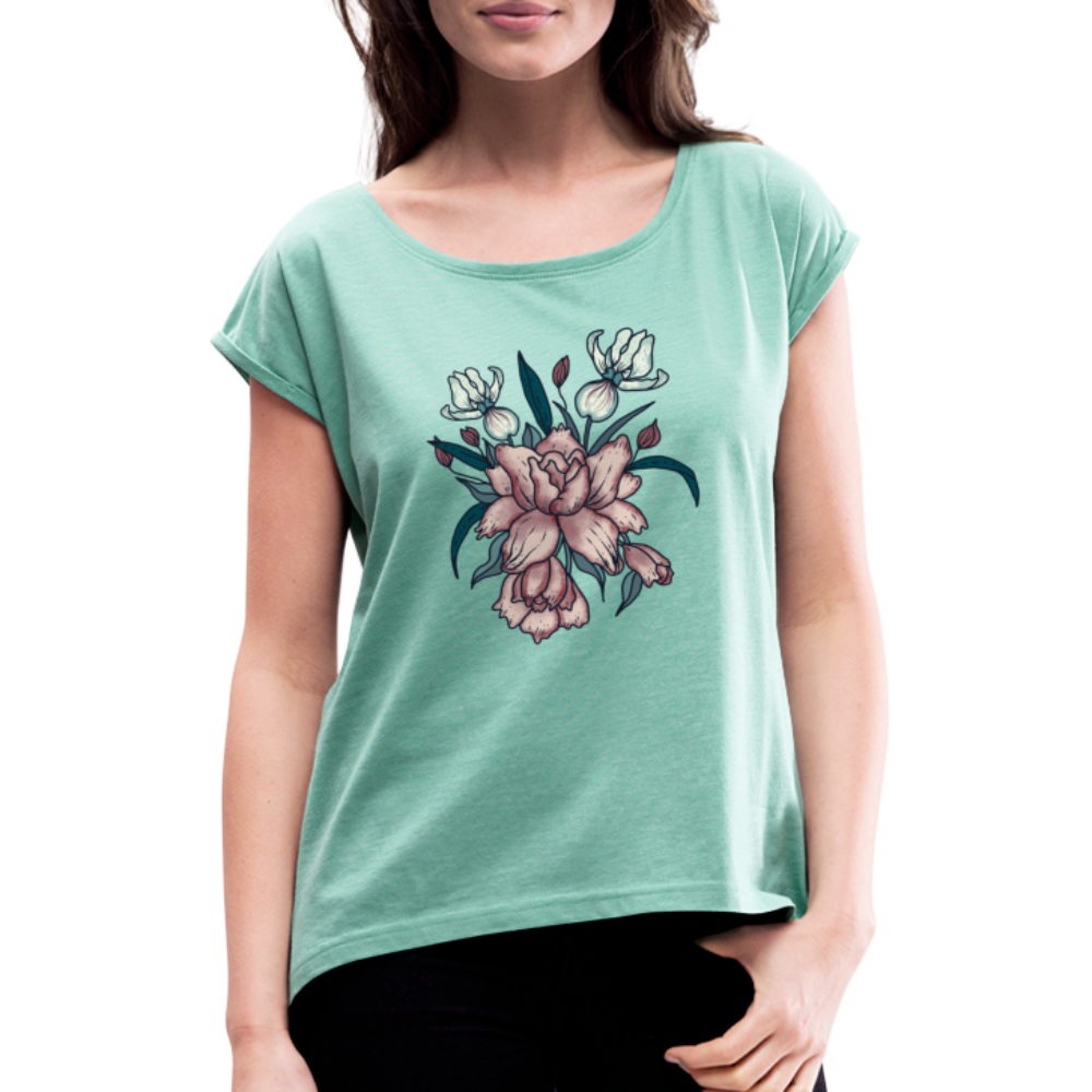 Frauen T-Shirt mit gerollten Ärmeln - "Vintage-Orchideen" - Hinter dem Mond
