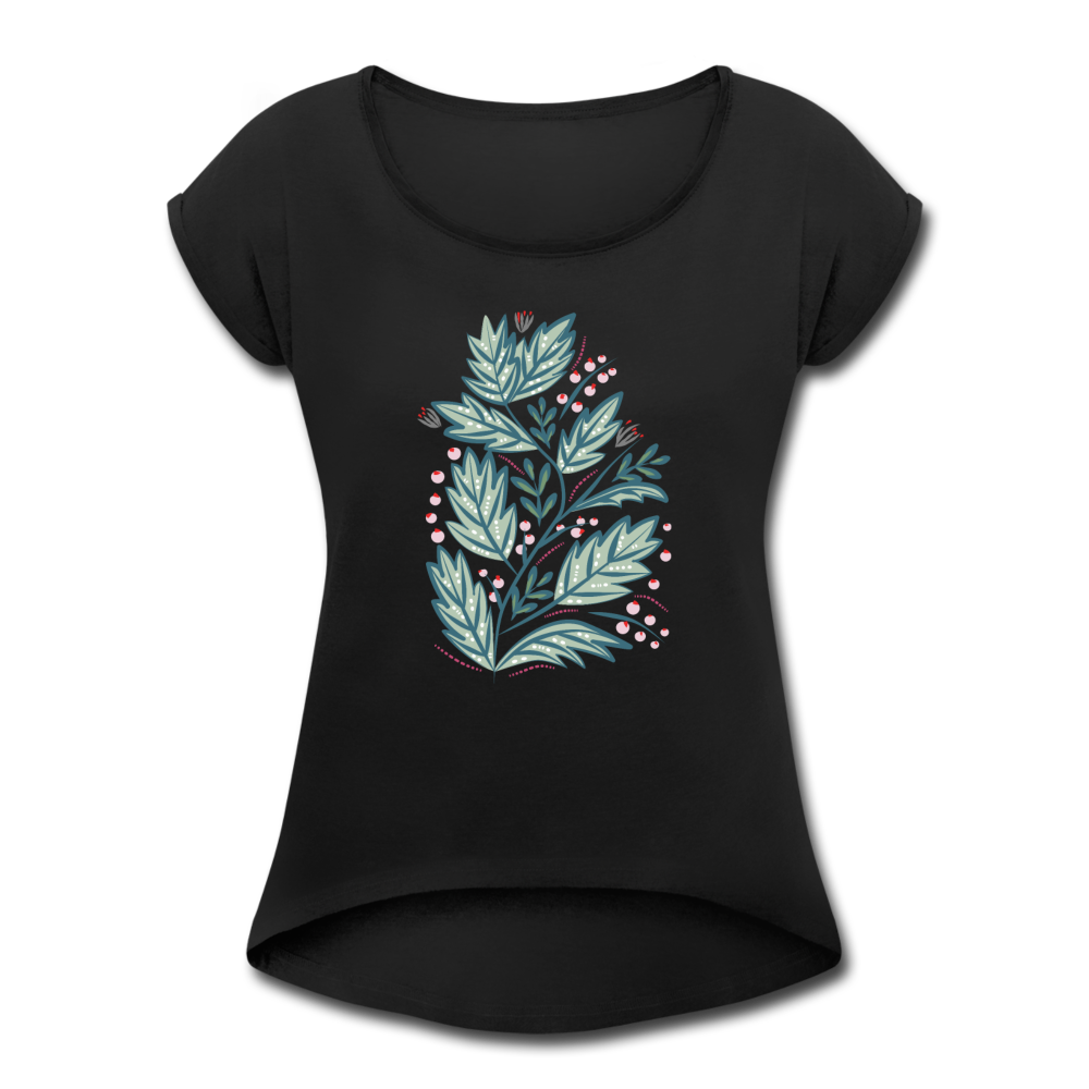 Women's T-Shirt with rolled up sleeves - "Frühling Floral" - Schwarz