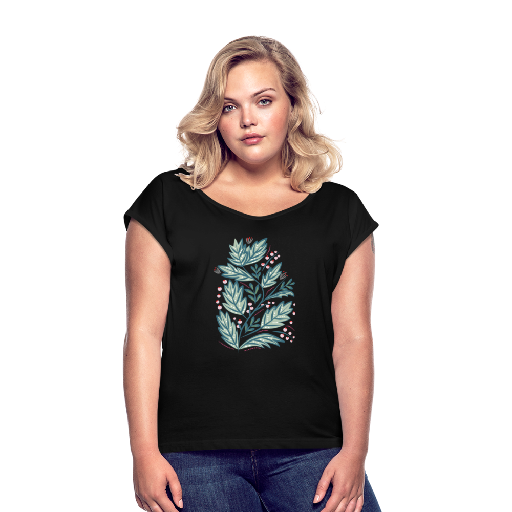 Women's T-Shirt with rolled up sleeves - "Frühling Floral" - Schwarz
