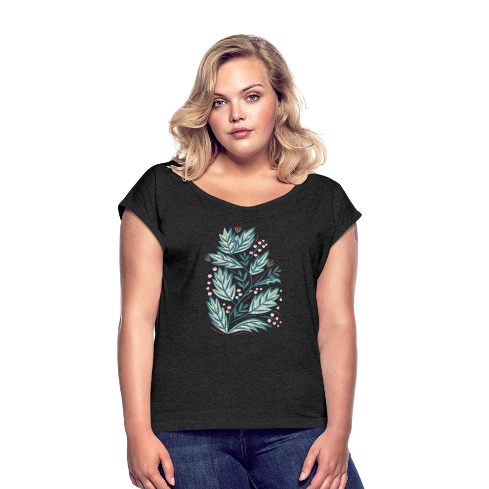 Women's T-Shirt with rolled up sleeves - "Frühling Floral" - Schwarz meliert