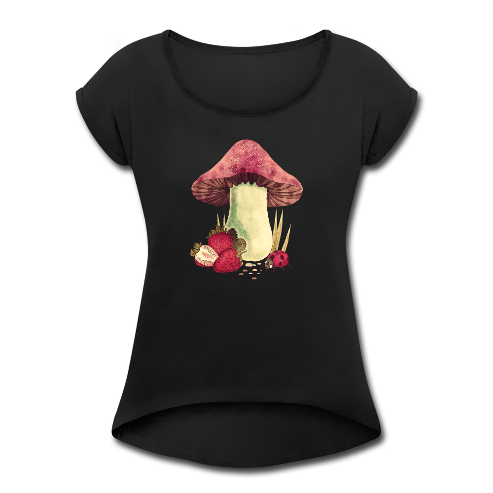 Frauen T-Shirt mit gerollten Ärmeln- "Cottagecore_Pilz und Erdbeeren" - Schwarz