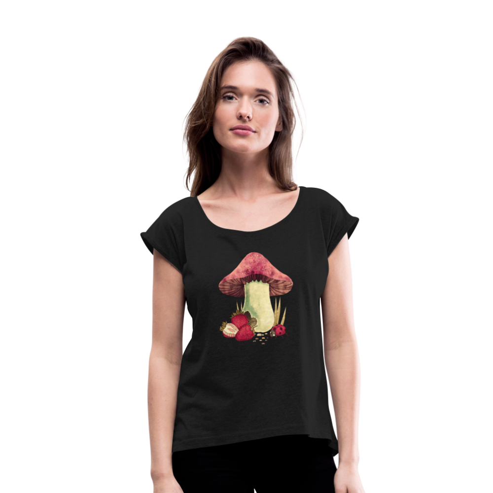 Frauen T-Shirt mit gerollten Ärmeln- "Cottagecore_Pilz und Erdbeeren" - Schwarz