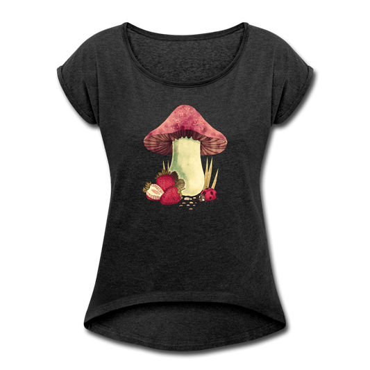 Frauen T-Shirt mit gerollten Ärmeln- "Cottagecore_Pilz und Erdbeeren" - Schwarz meliert