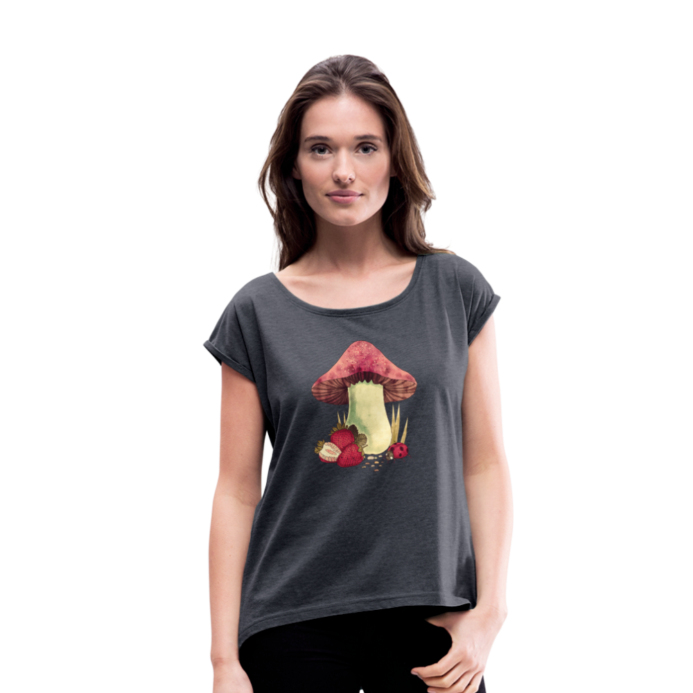 Frauen T-Shirt mit gerollten Ärmeln- "Cottagecore_Pilz und Erdbeeren" - Navy meliert