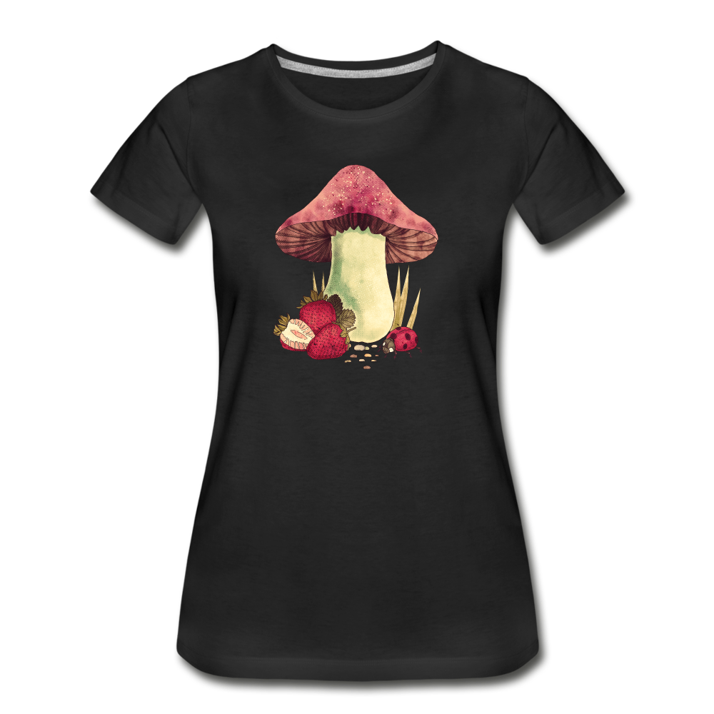 Frauen Premium Bio T-Shirt - "Cottagecore_Pilz und Erdbeeren" - Schwarz