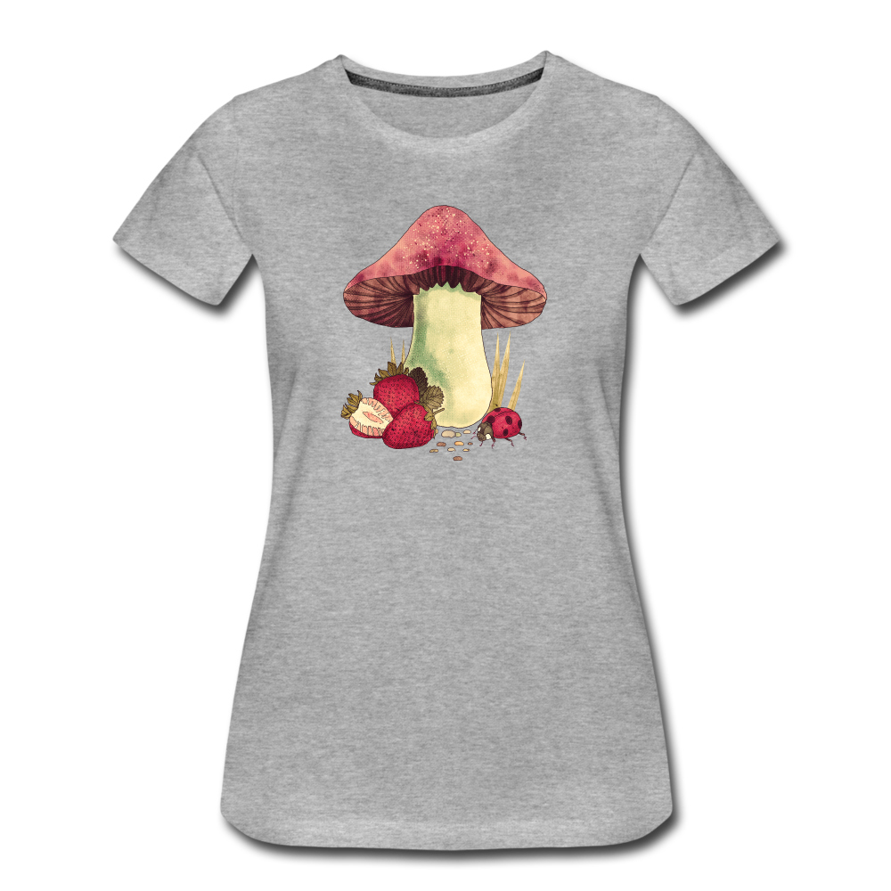 Frauen Premium Bio T-Shirt - "Cottagecore_Pilz und Erdbeeren" - Grau meliert
