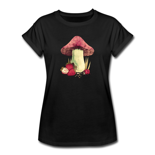 Frauen Oversize T-Shirt - "Cottagecore_Pilz und Erdbeeren" - Schwarz