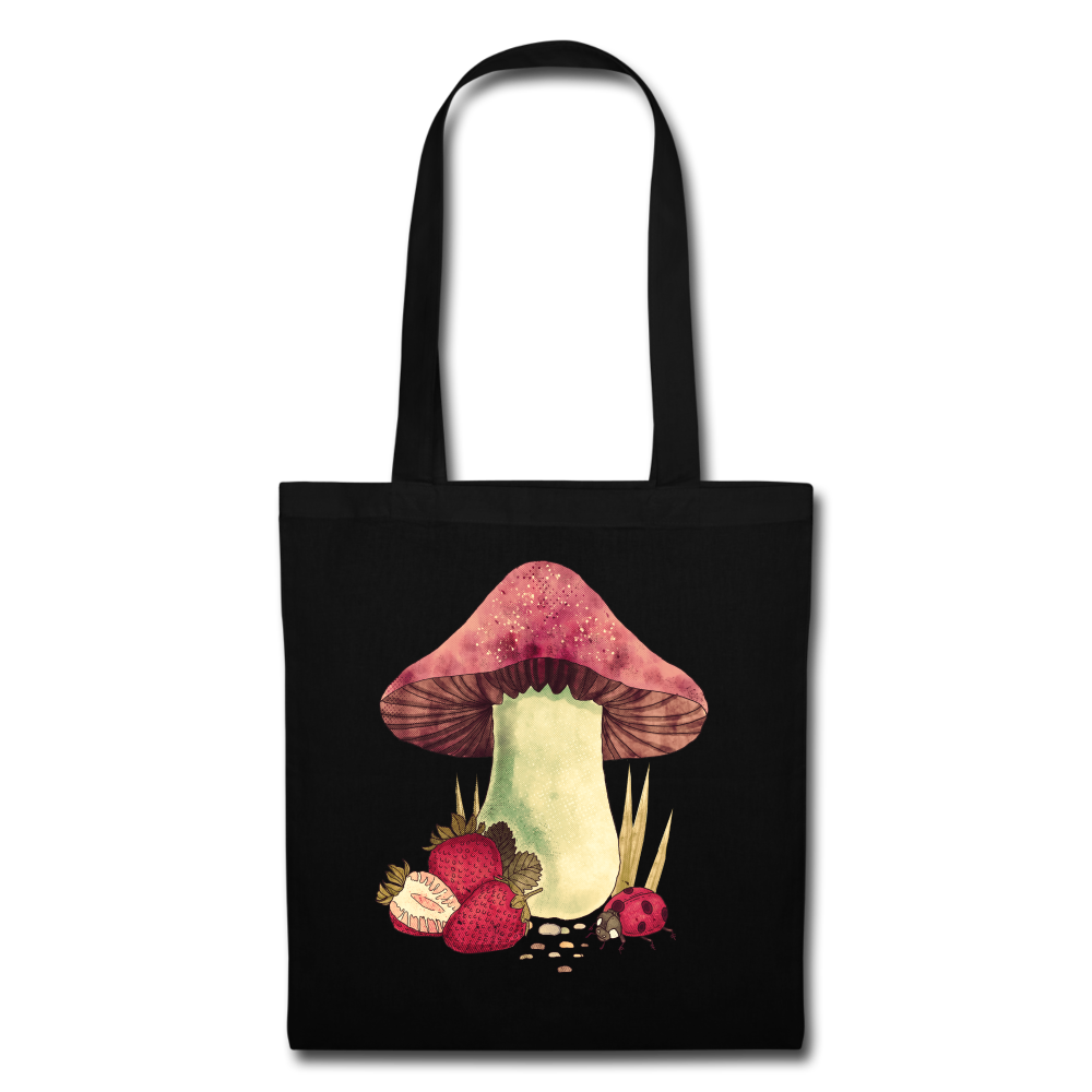 Stoffbeutel - "Cottagecore_Pilz und Erdbeeren" - Schwarz