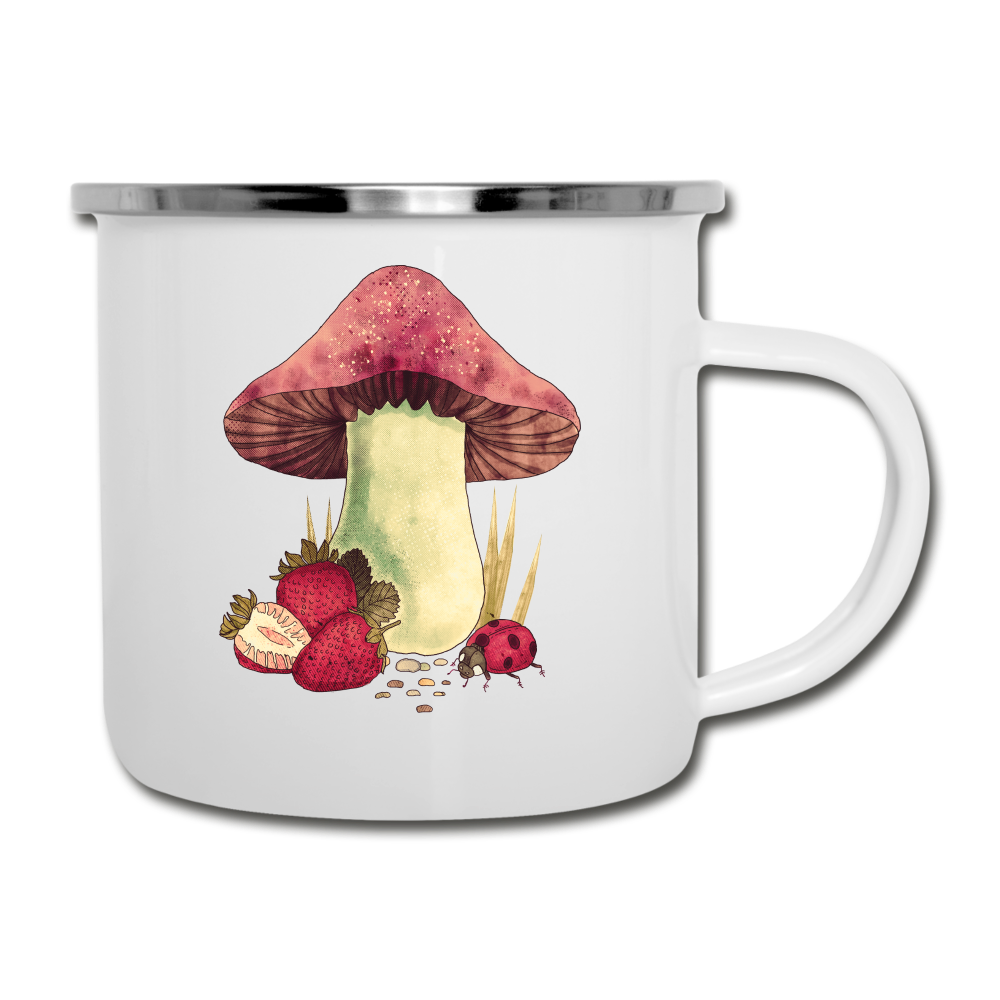 Emaille-Tasse - "Cottagecore_Pilz und Erdbeeren" - Weiß