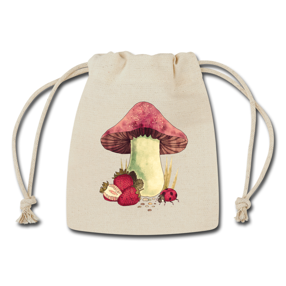 Geschenksäckchen aus Baumwolle - "Cottagecore_Pilz und Erdbeeren" - Naturweiß
