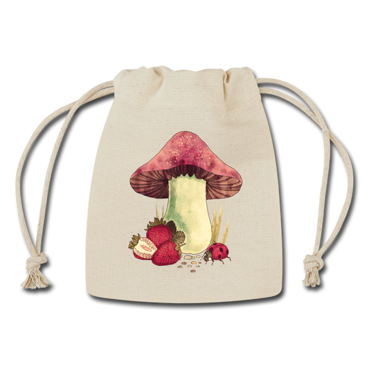 Geschenksäckchen aus Baumwolle - "Cottagecore_Pilz und Erdbeeren" - Naturweiß