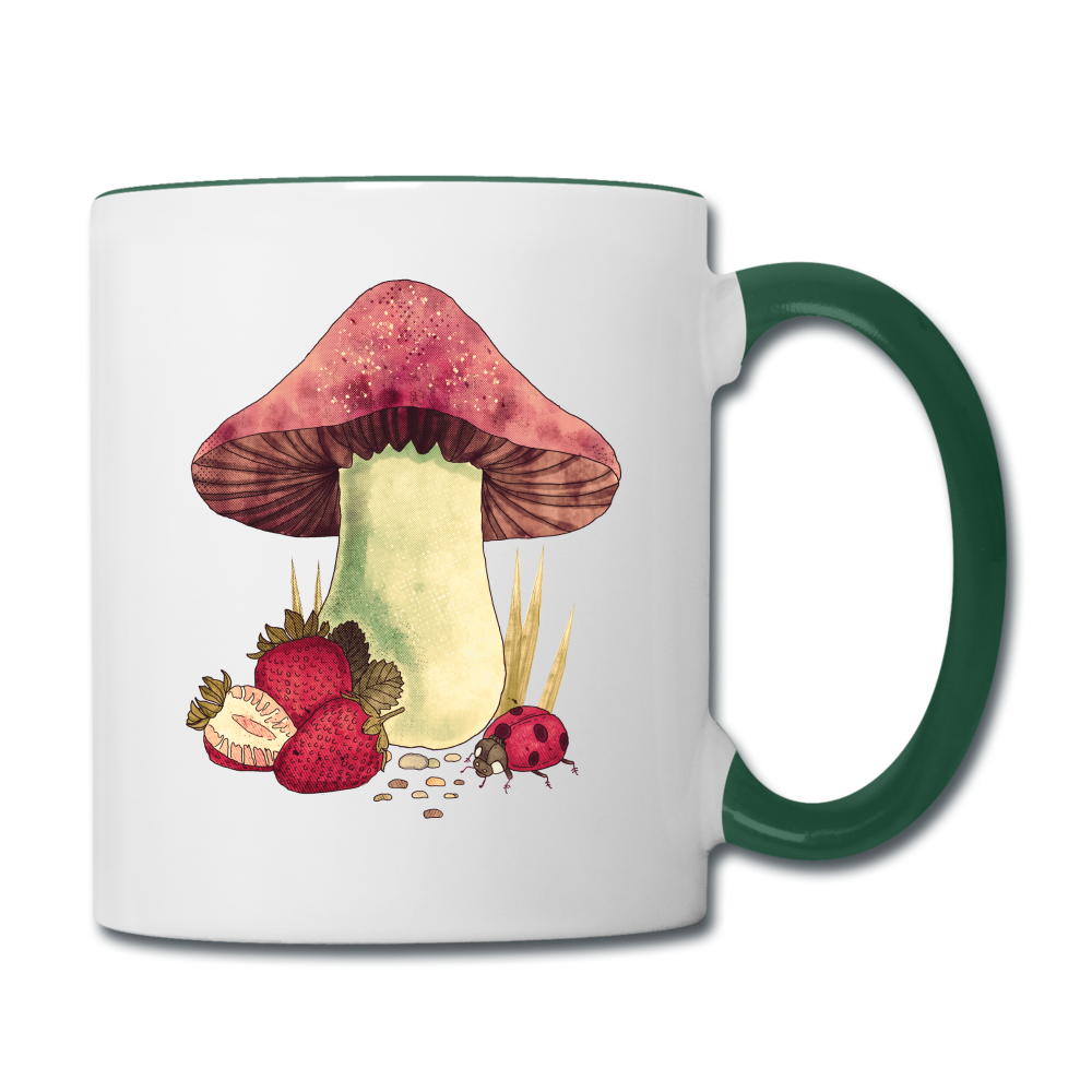 Tasse zweifarbig - "Cottagecore_Pilz und Erdbeeren" - Weiß/Dunkelgrün